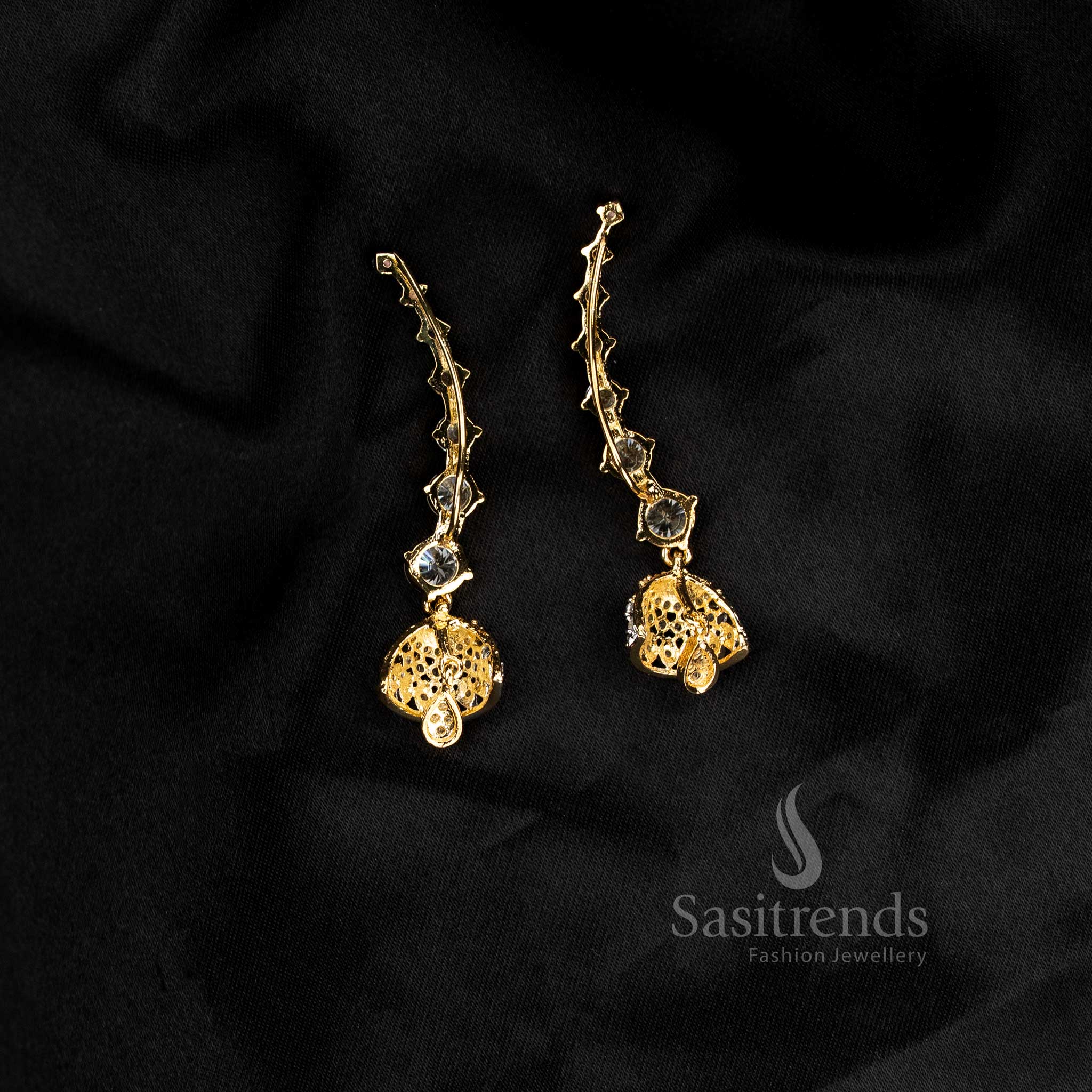 Real diamond look American diamond gangajamuna silver plated white linear motif earcuff earrings - Sasitrends