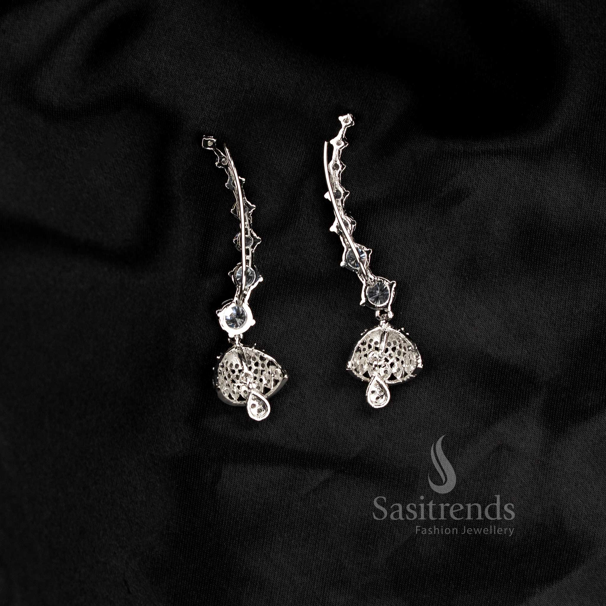 Attractive festive American diamond rhodium silver plated white linear motif earcuff earrings - Sasitrends