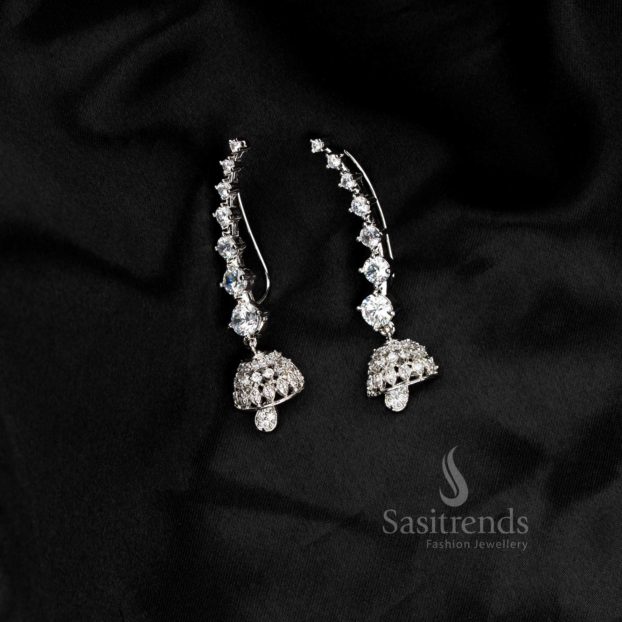 Party wear American diamond rhodium silver plated white linear motif earcuff earrings - Sasitrends