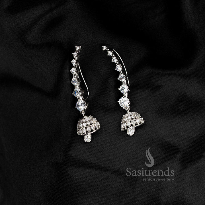 Party wear American diamond rhodium silver plated white linear motif earcuff earrings - Sasitrends