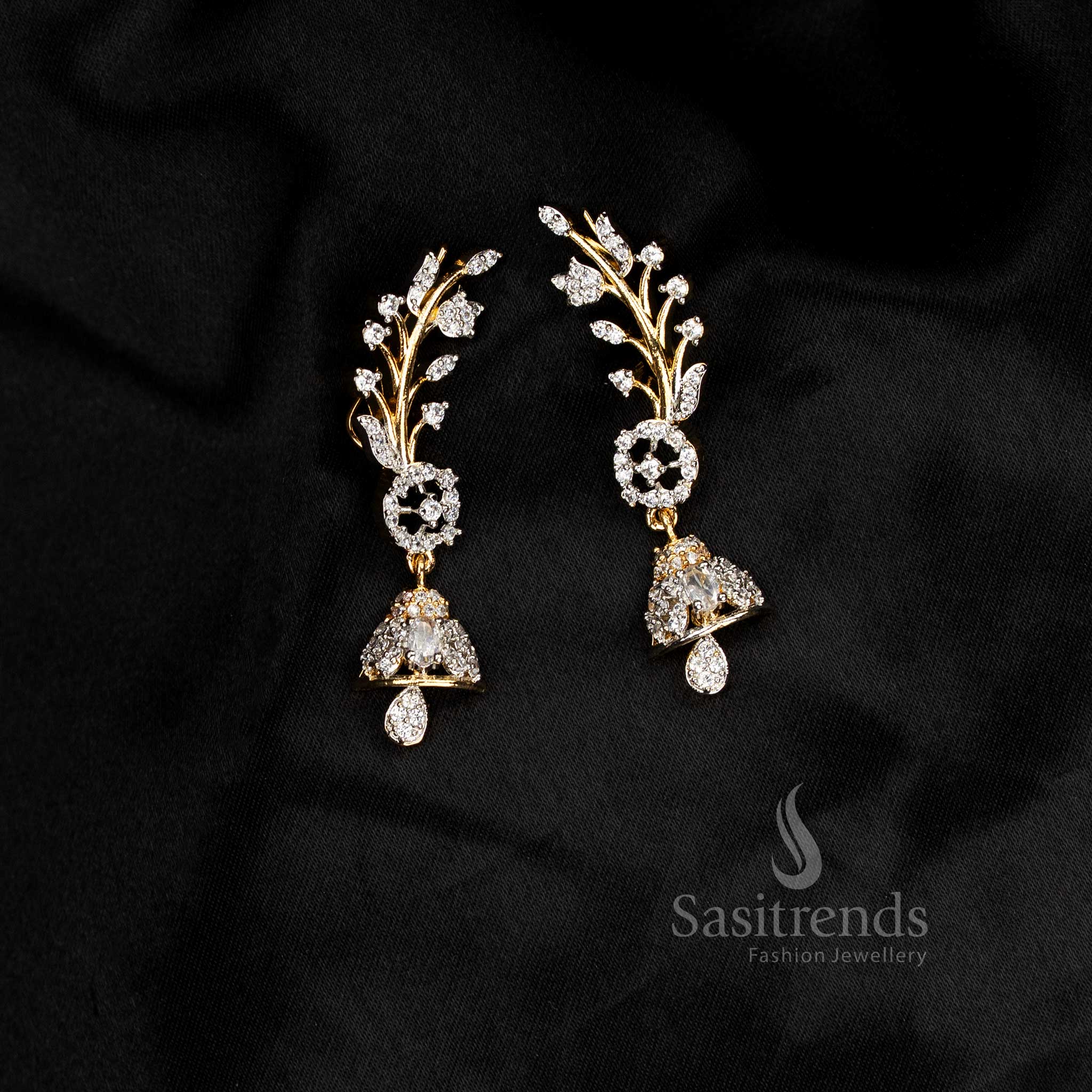 Attractive festive wear American diamond gangajamuna silver plated white floral motif earcuff earrings - Sasitrends