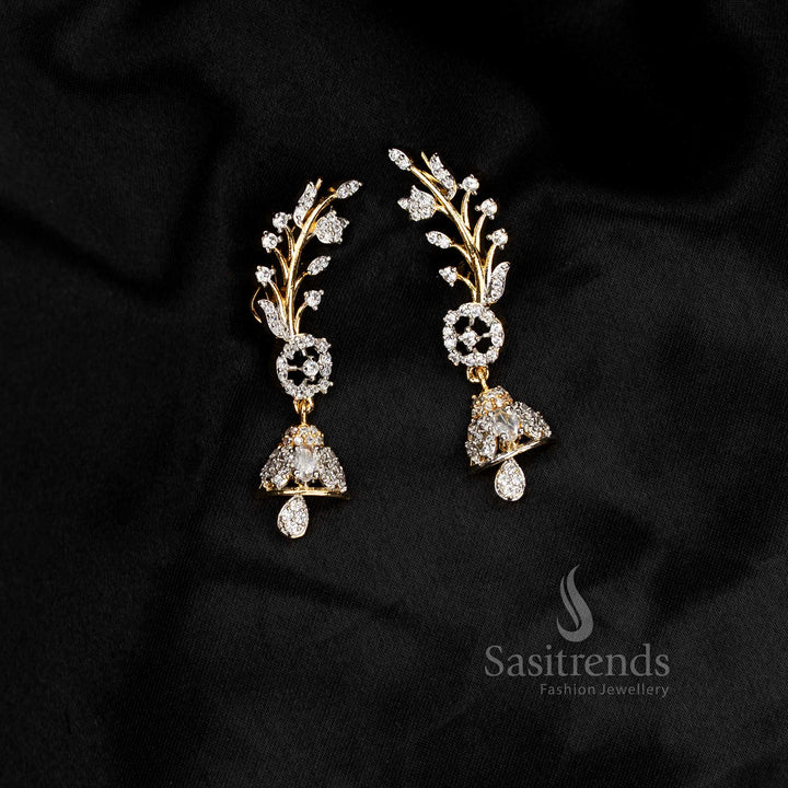 Attractive festive wear American diamond gangajamuna silver plated white floral motif earcuff earrings - Sasitrends