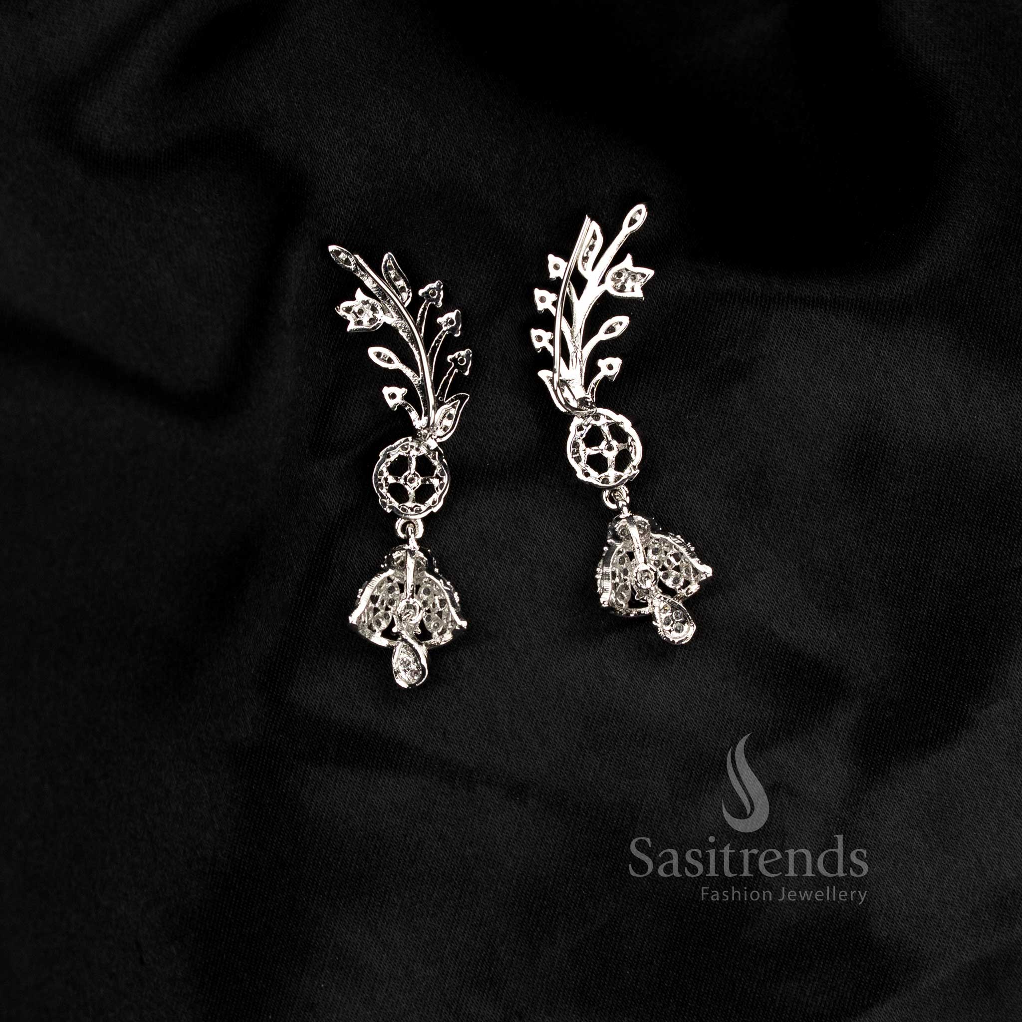 Luxurious Party wear American diamond rhodium silver plated white floral motif earcuff earrings - Sasitrends