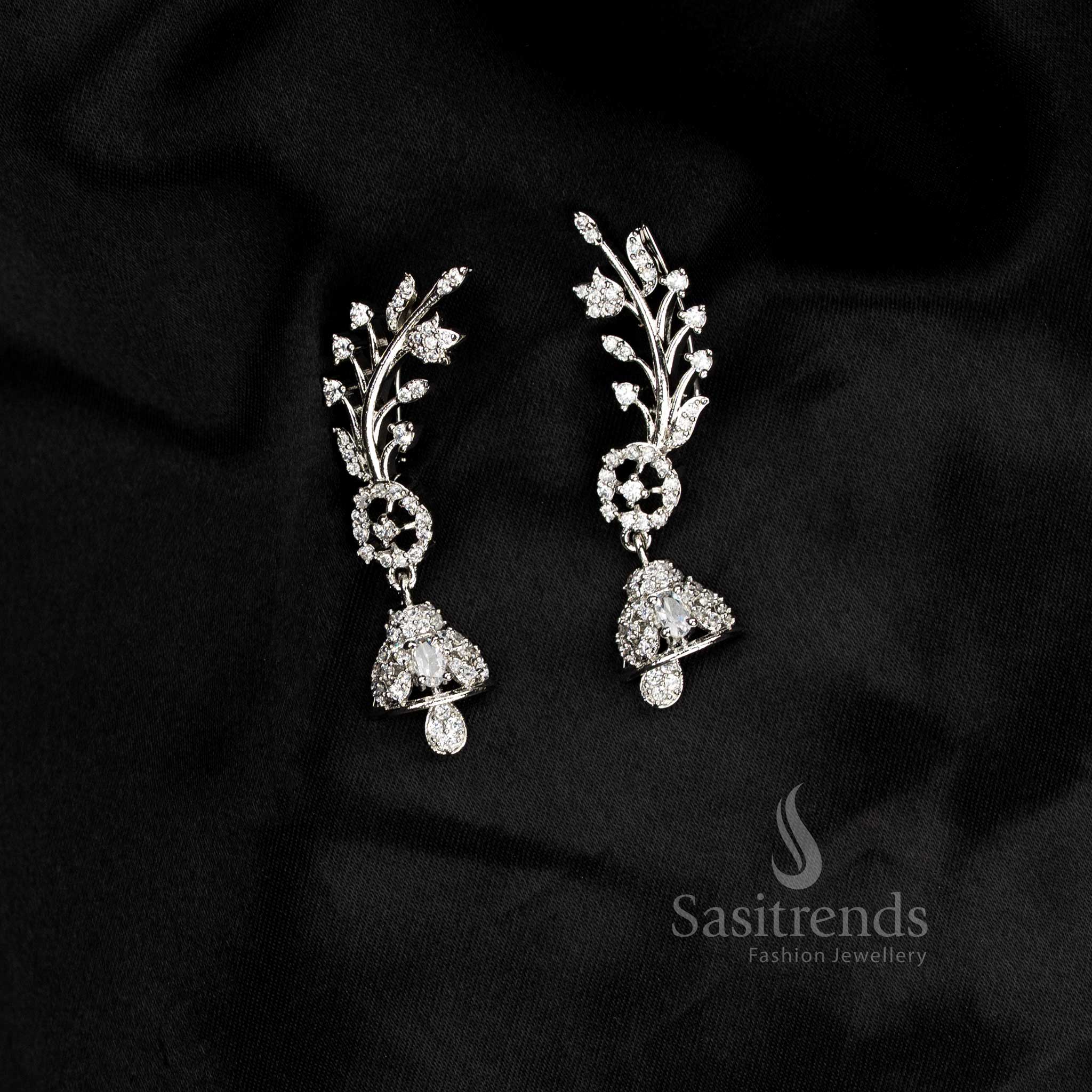 Party wear American diamond rhodium silver plated white floral motif earcuff earrings - Sasitrends