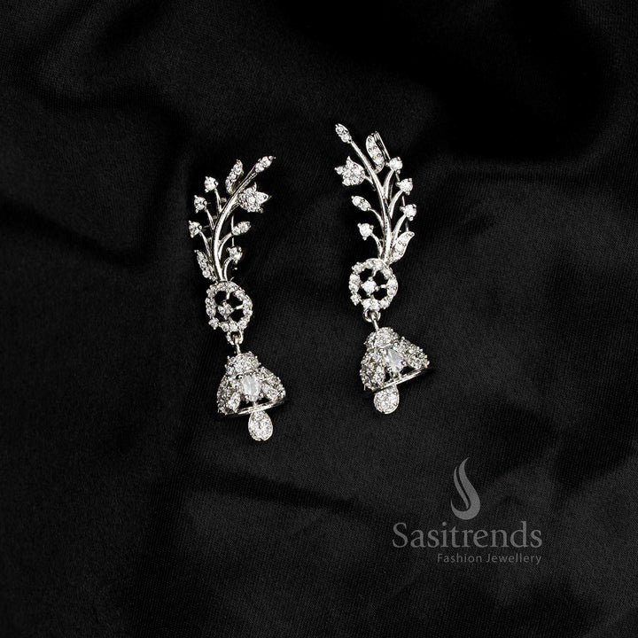 Party wear American diamond rhodium silver plated white floral motif earcuff earrings - Sasitrends