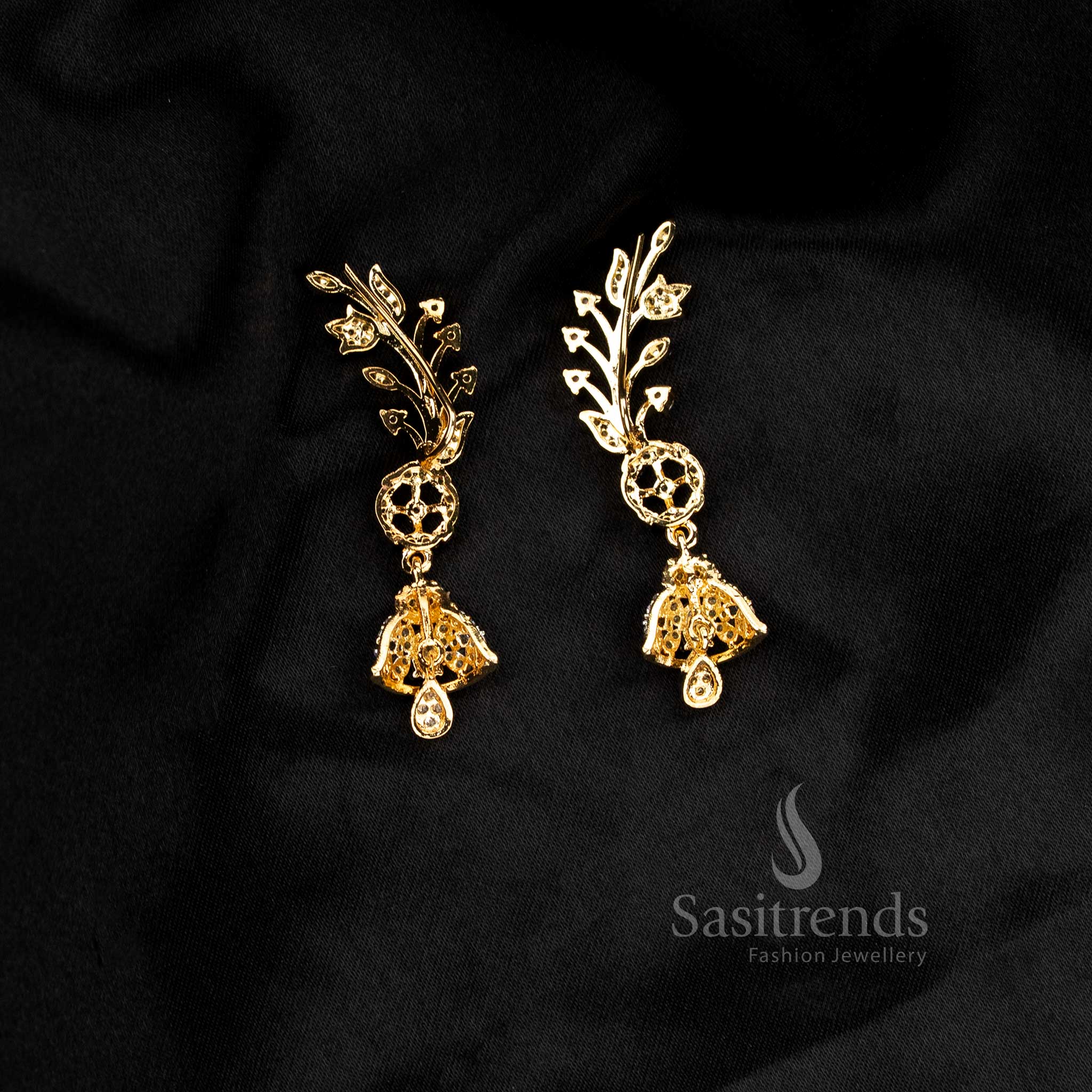 Premium rich look Party wear American diamond gangajamuna silver plated white floral motif earcuff earrings - Sasitrends