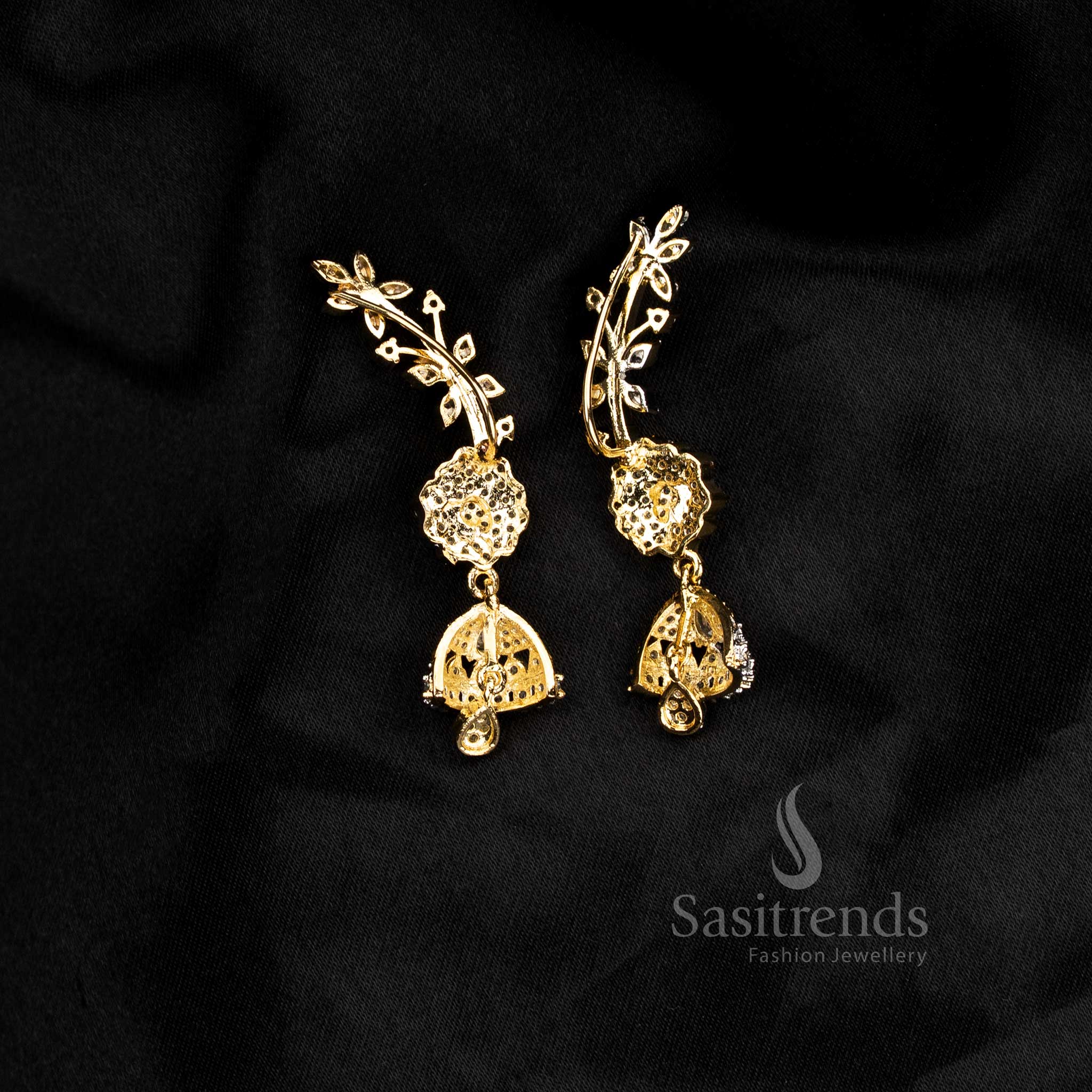 Party wear American diamond gangajamuna silver plated white floral motif earcuff earrings - Sasitrends