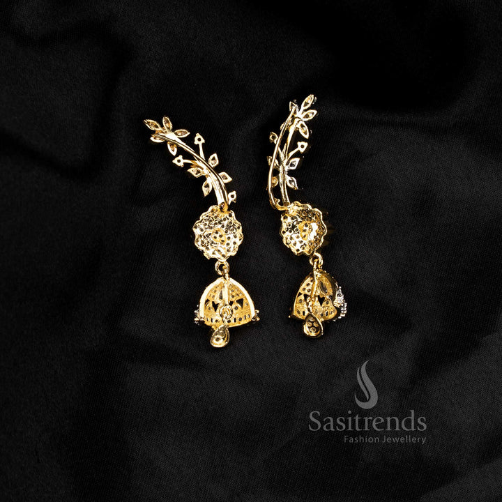 Party wear American diamond gangajamuna silver plated white floral motif earcuff earrings - Sasitrends