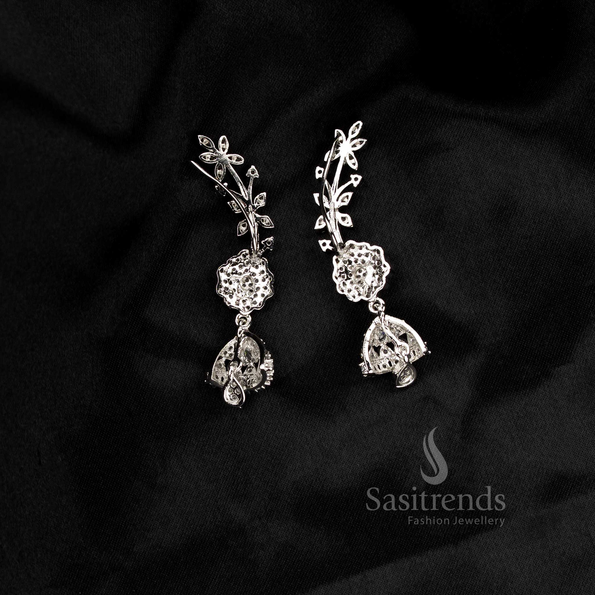 Real diamond look Party wear American diamond rhodium silver plated white linear motif earcuff earrings - Sasitrends