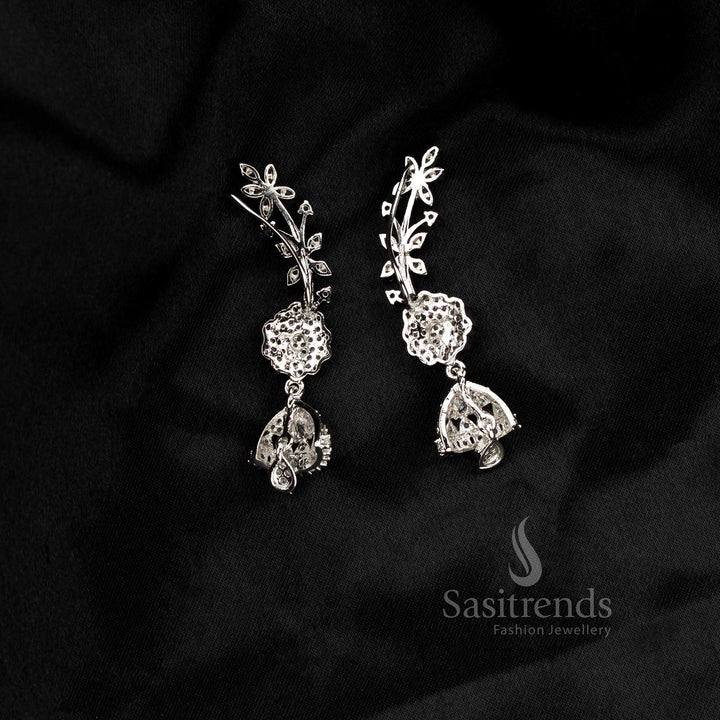 Real diamond look Party wear American diamond rhodium silver plated white linear motif earcuff earrings - Sasitrends