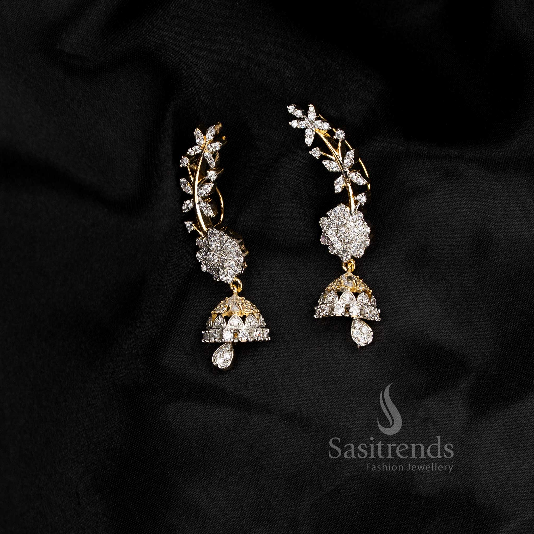 Festive wear American diamond gangajamuna silver plated white floral motif earcuff earrings - Sasitrends