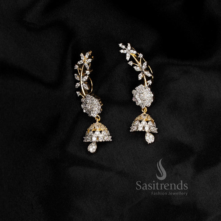 Festive wear American diamond gangajamuna silver plated white floral motif earcuff earrings - Sasitrends