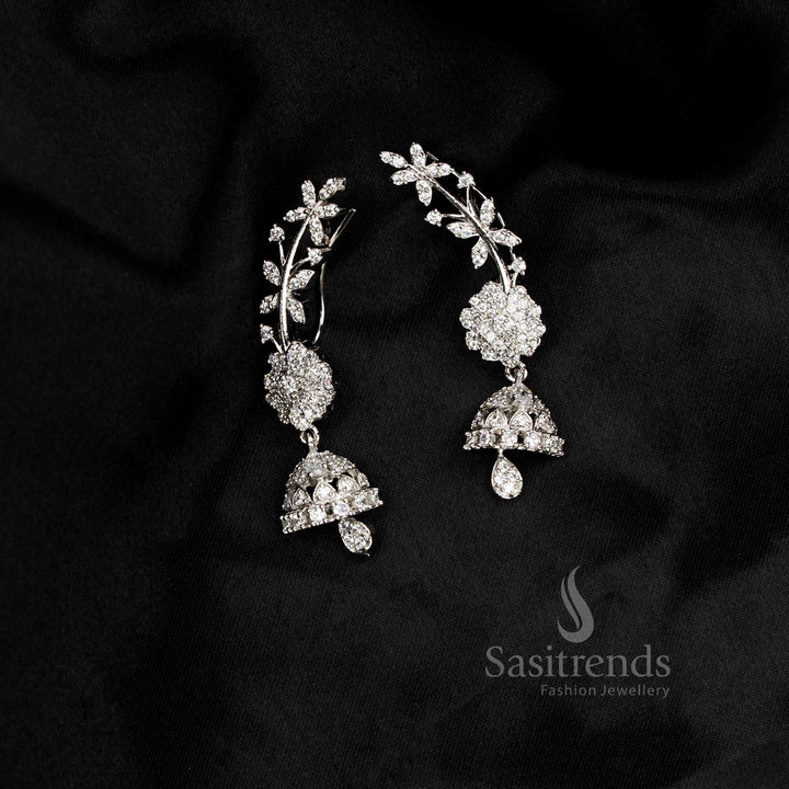 Sparkling Party wear American diamond rhodium silver plated white floral motif earcuff earrings - Sasitrends