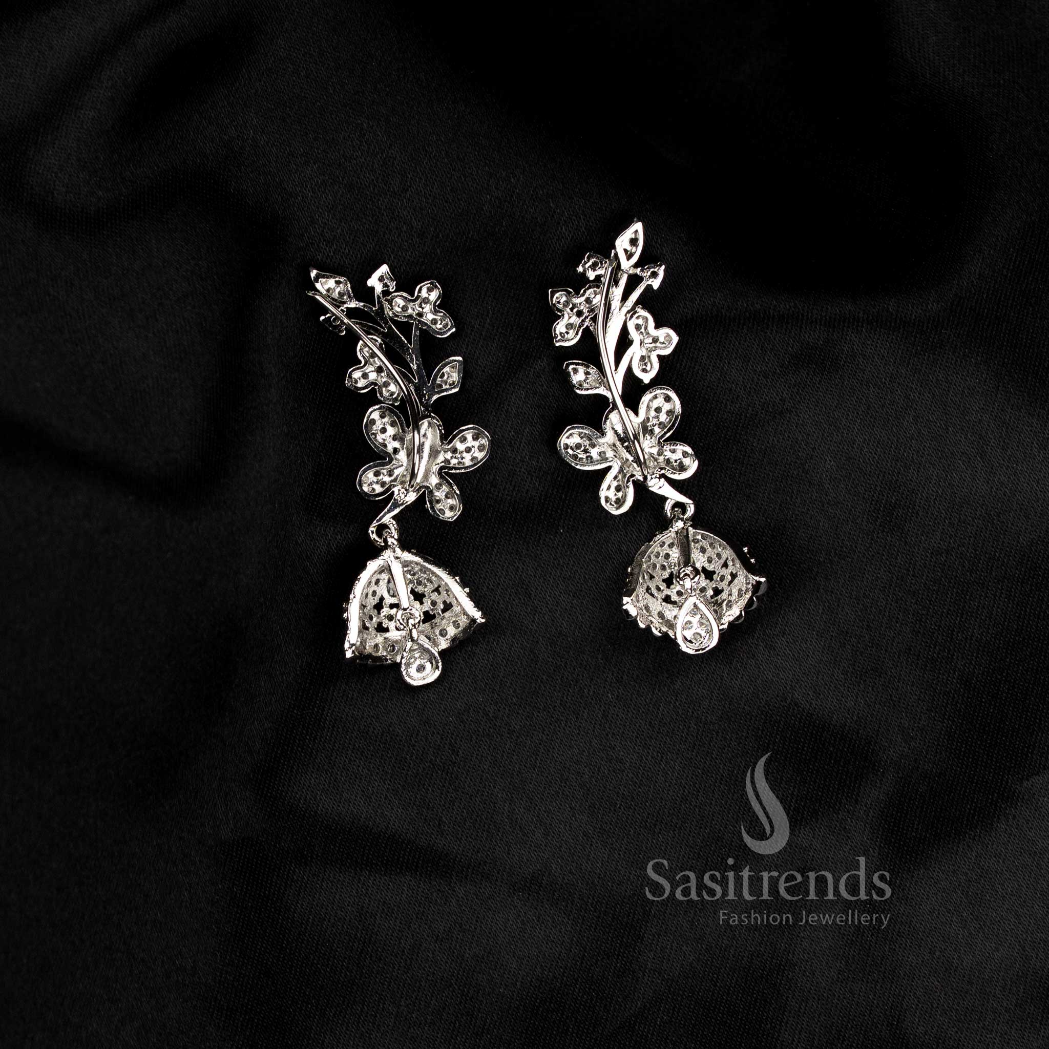 Luxurious Party wear American diamond rhodium silver plated white floral motif earcuff earrings - Sasitrends