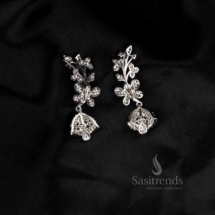 Luxurious Party wear American diamond rhodium silver plated white floral motif earcuff earrings - Sasitrends