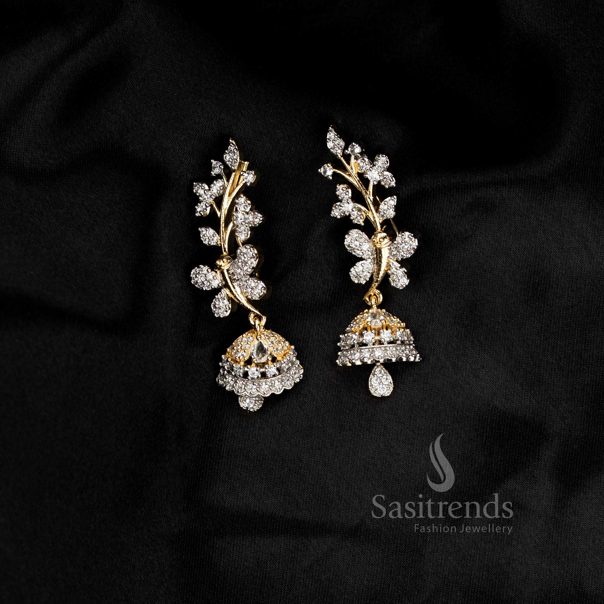 Attractive rich look Party wear American diamond ganga jamuna plated white floral motif earcuff earrings - Sasitrends