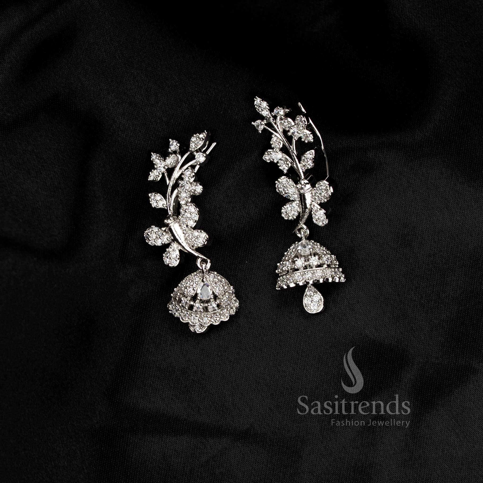 Attractive premium rich look American diamond rhodium silver plated white butterfly leaf motif earcuff earrings - Sasitrends