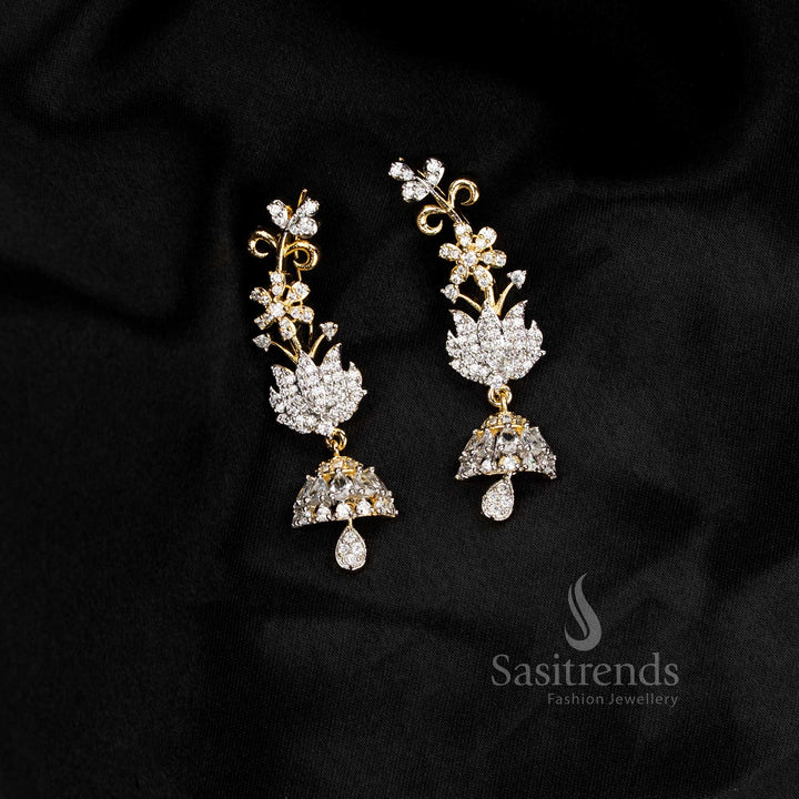 Party wear American diamond gangajamuna silver plated white lotus floral motif earcuff earrings - Sasitrends
