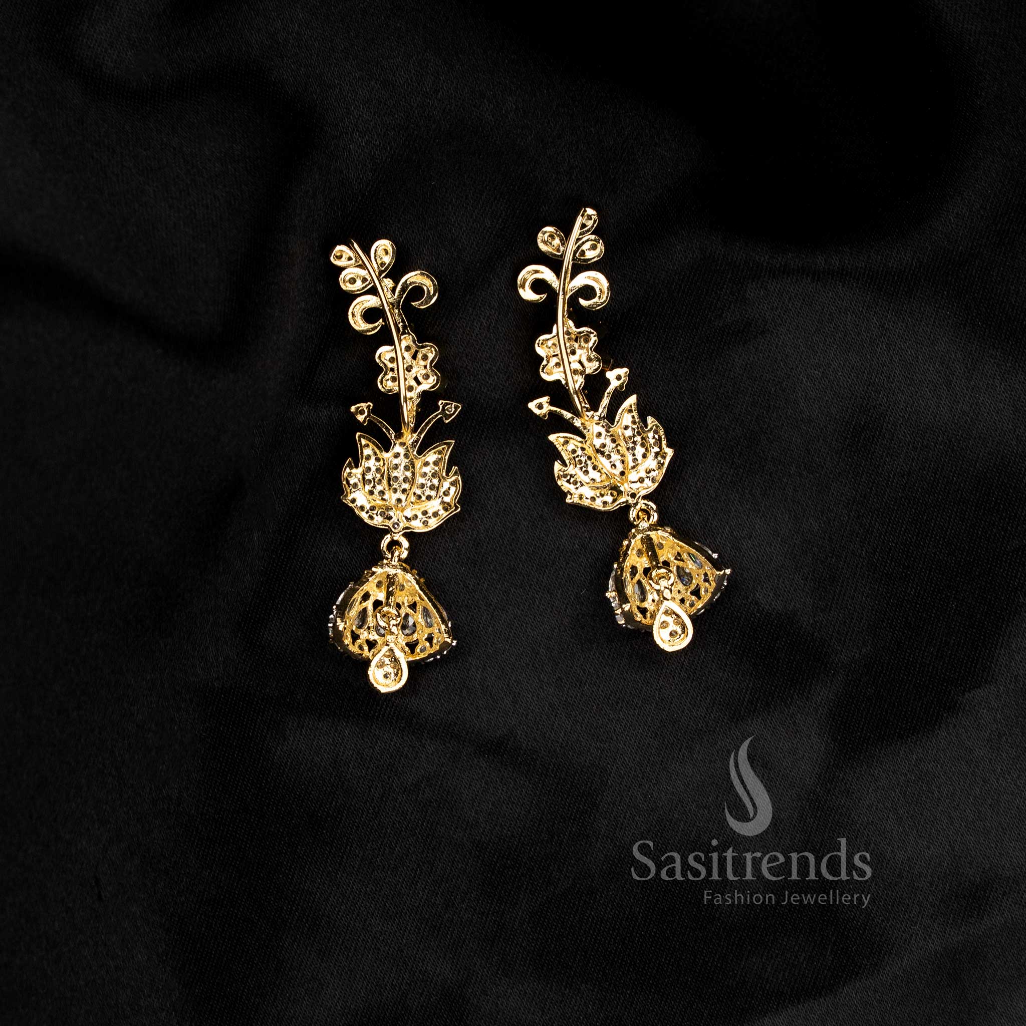 Luxurious sparkling Party wear American diamond gangajamuna silver plated white lotus floral motif earcuff earrings - Sasitrends