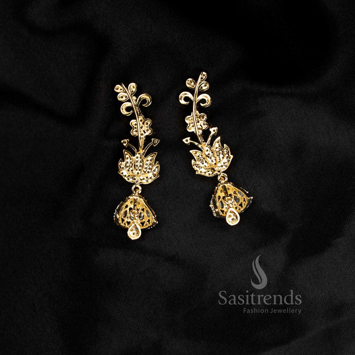 Luxurious sparkling Party wear American diamond gangajamuna silver plated white lotus floral motif earcuff earrings - Sasitrends
