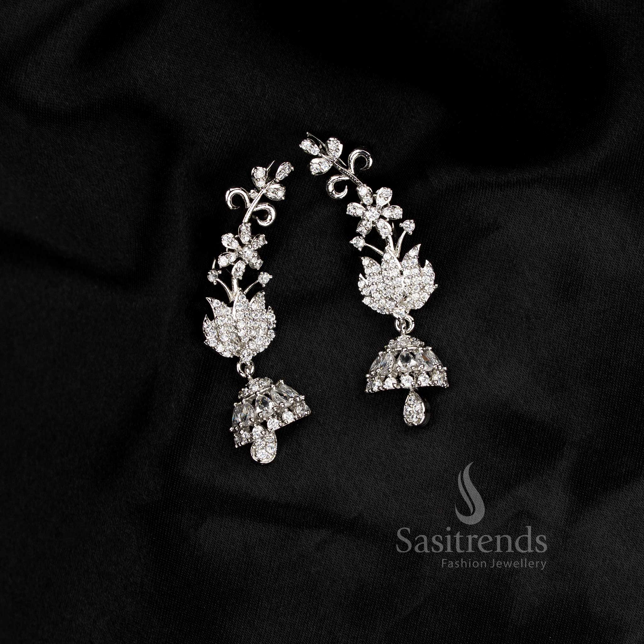Sparkling Party wear American diamond rhodium silver plated white lotus floral motif earcuff earrings - Sasitrends