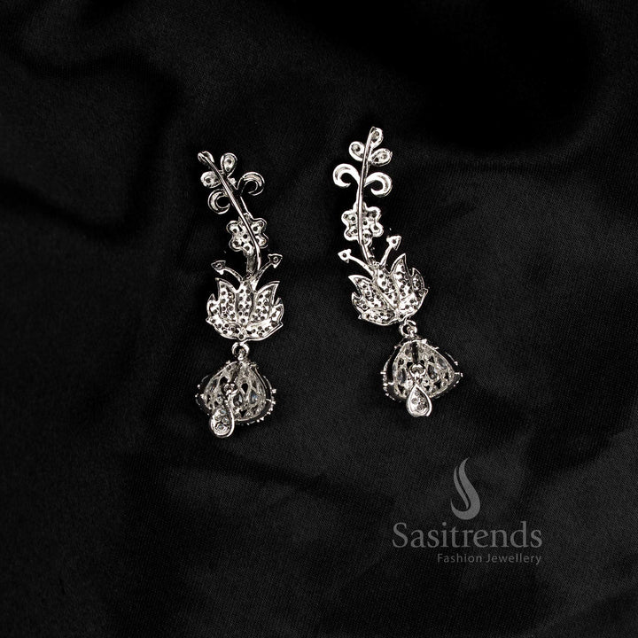 Elegant Luxurious Party wear American diamond rhodium silver plated white lotus floral motif earcuff earrings - Sasitrends