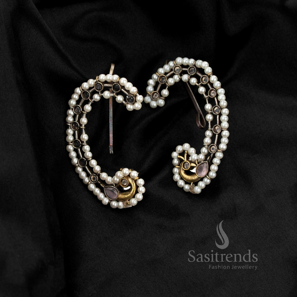 Elegant antique oxidised dual-tone peacock crescent stone earcuff earrings – Sasitrends