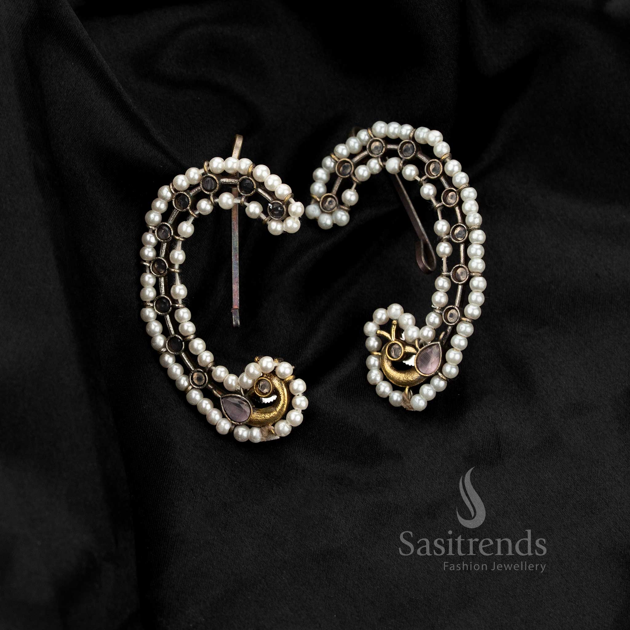 Elegant antique oxidised dual-tone peacock crescent stone earcuff earrings – Sasitrends