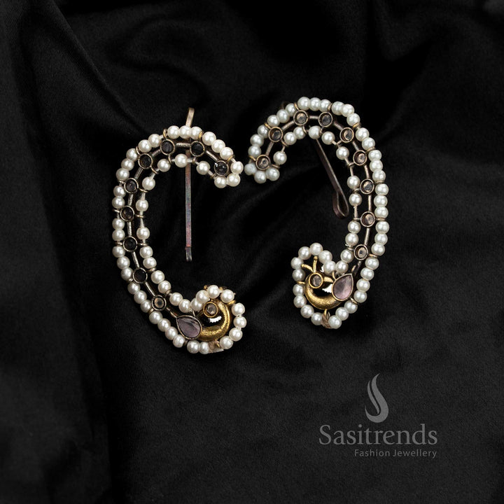 Elegant antique oxidised dual-tone peacock crescent stone earcuff earrings – Sasitrends