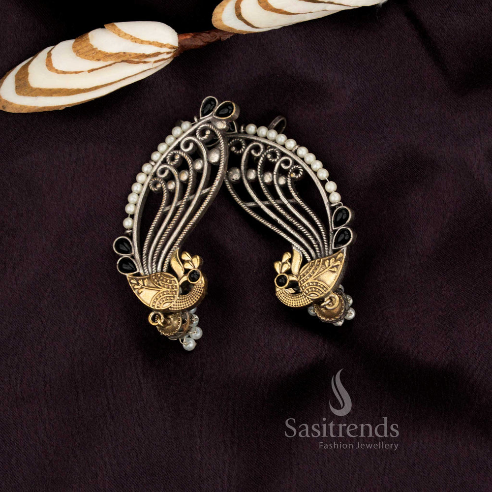 Chic antique oxidised dual-tone peacock stone ear cuff dangler earrings – Sasitrends