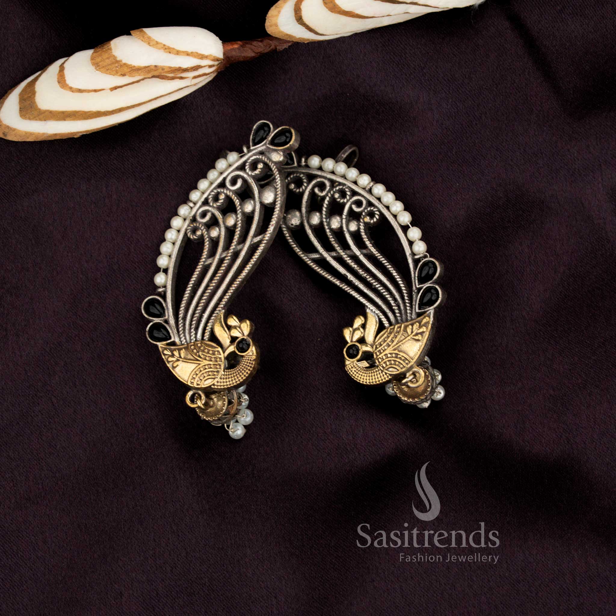 Chic antique oxidised dual-tone peacock stone ear cuff dangler earrings – Sasitrends