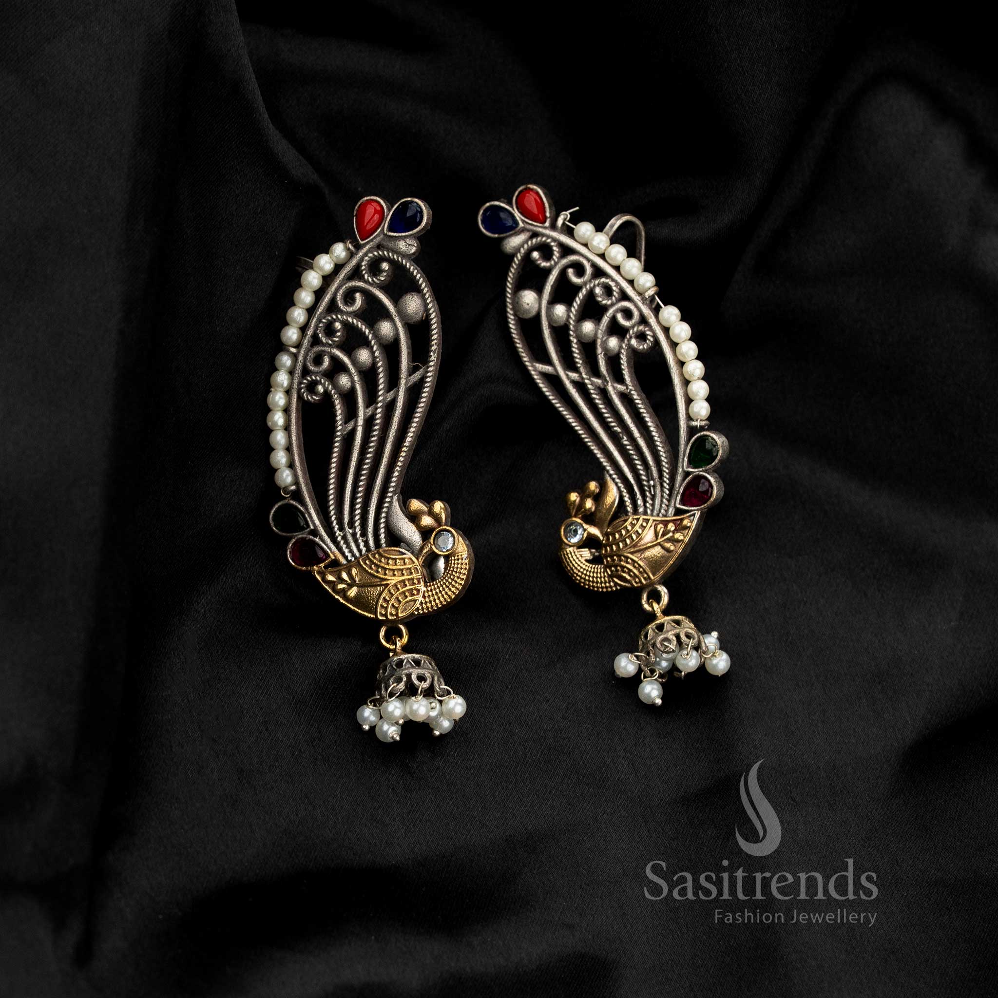 Chic antique oxidised dual-tone peacock stone ear cuff dangler earrings – Sasitrends