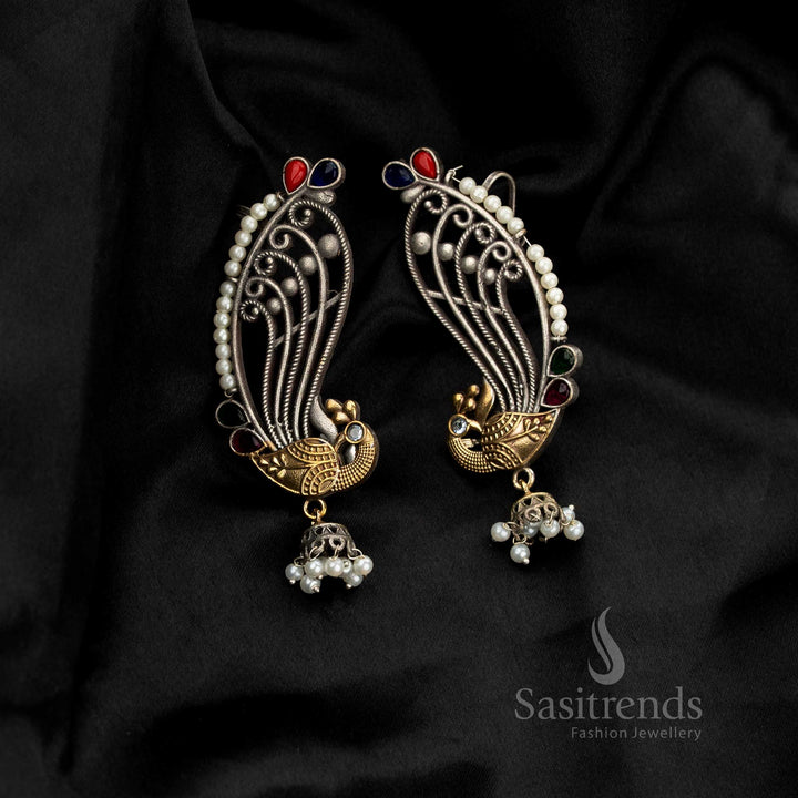 Chic antique oxidised dual-tone peacock stone ear cuff dangler earrings – Sasitrends