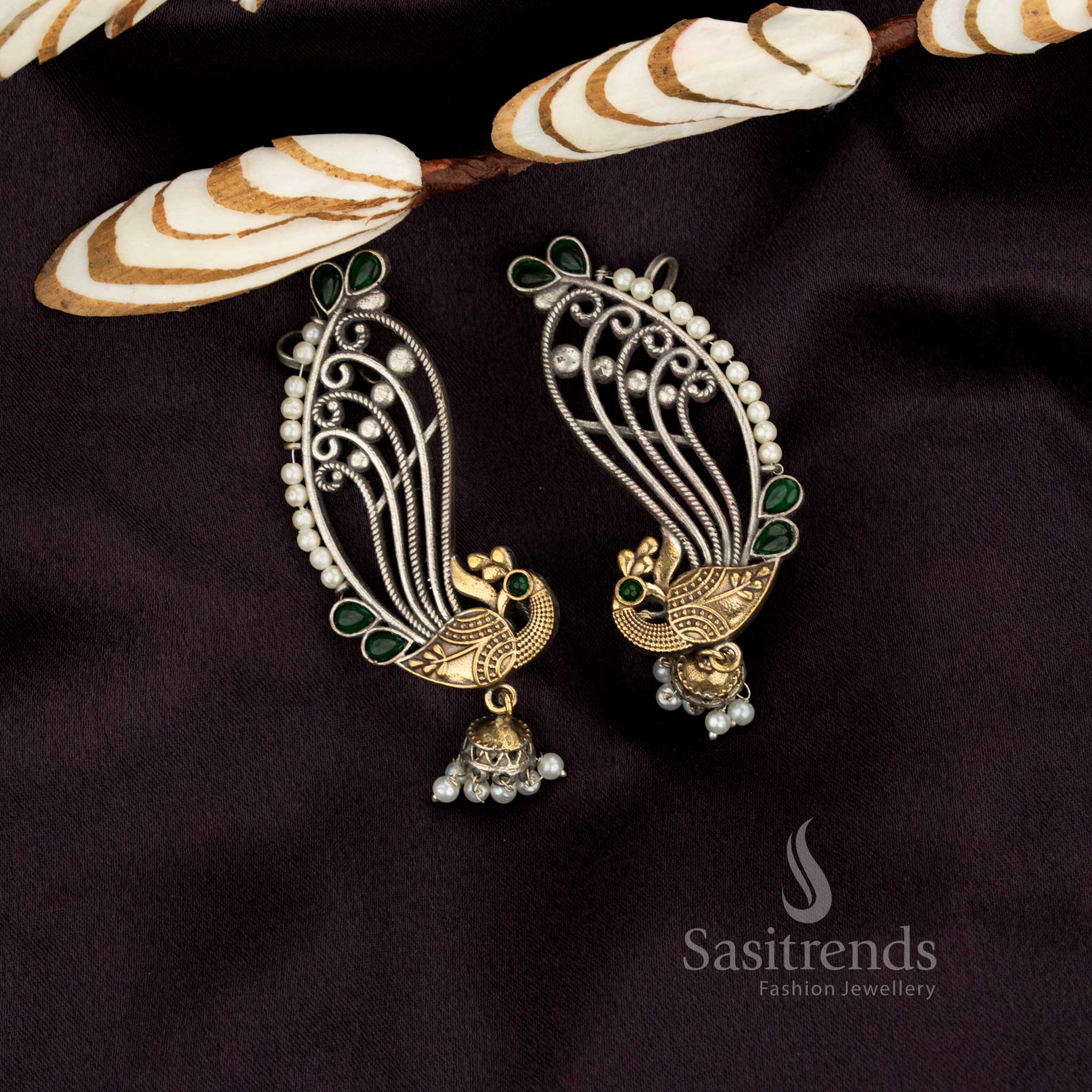 Chic antique oxidised dual-tone peacock stone ear cuff dangler earrings – Sasitrends