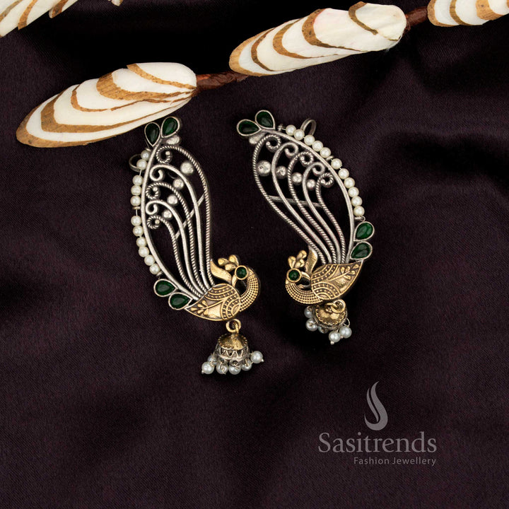 Chic antique oxidised dual-tone peacock stone ear cuff dangler earrings – Sasitrends