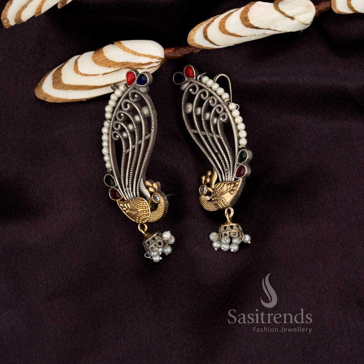 Antique oxidised dual-tone peacock stone ear cuff dangler earrings – Sasitrends