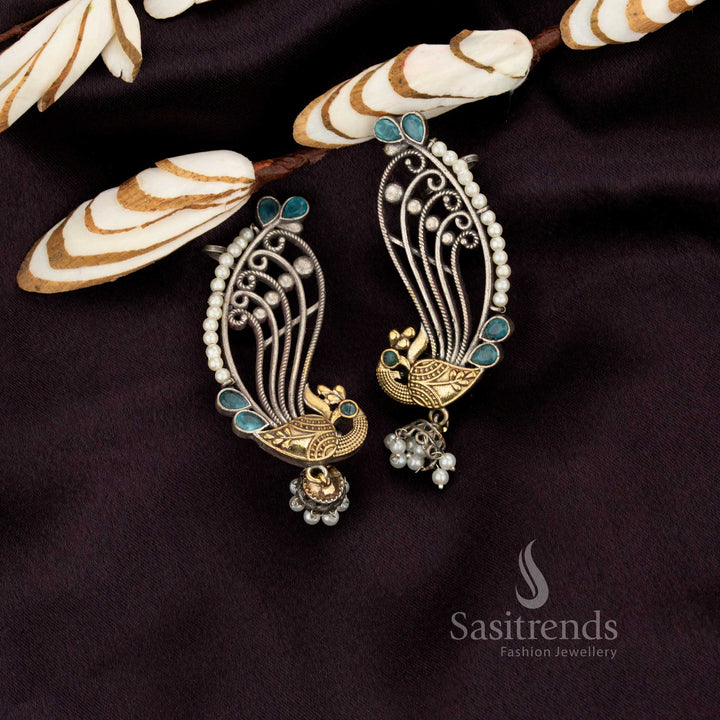 Chic antique oxidised dual-tone peacock stone ear cuff dangler earrings – Sasitrends