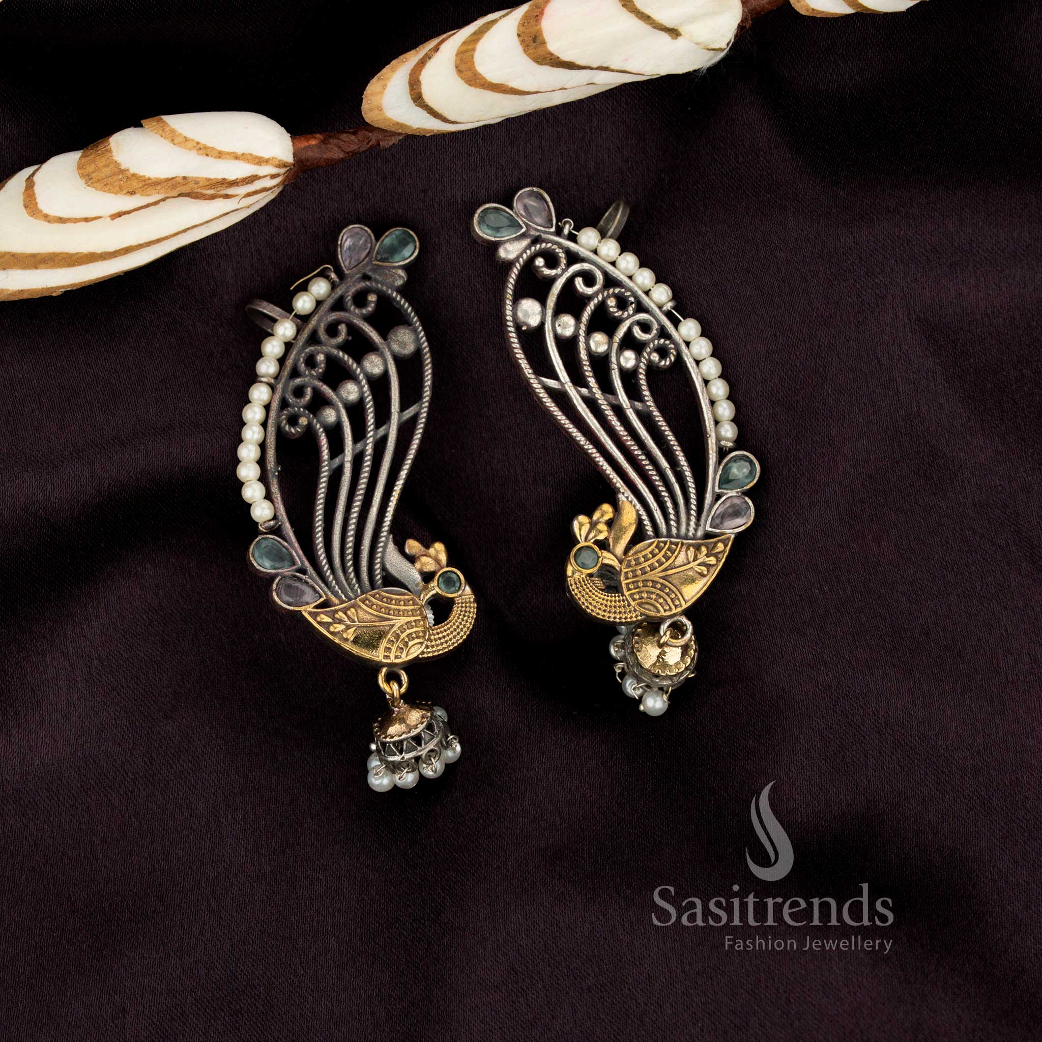 Chic antique oxidised dual-tone peacock stone ear cuff dangler earrings – Sasitrends