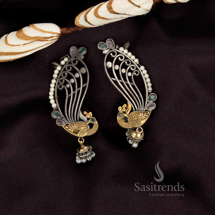 Chic antique oxidised dual-tone peacock stone ear cuff dangler earrings – Sasitrends