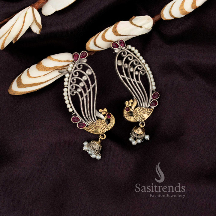 Chic antique oxidised dual-tone peacock stone ear cuff dangler earrings – Sasitrends