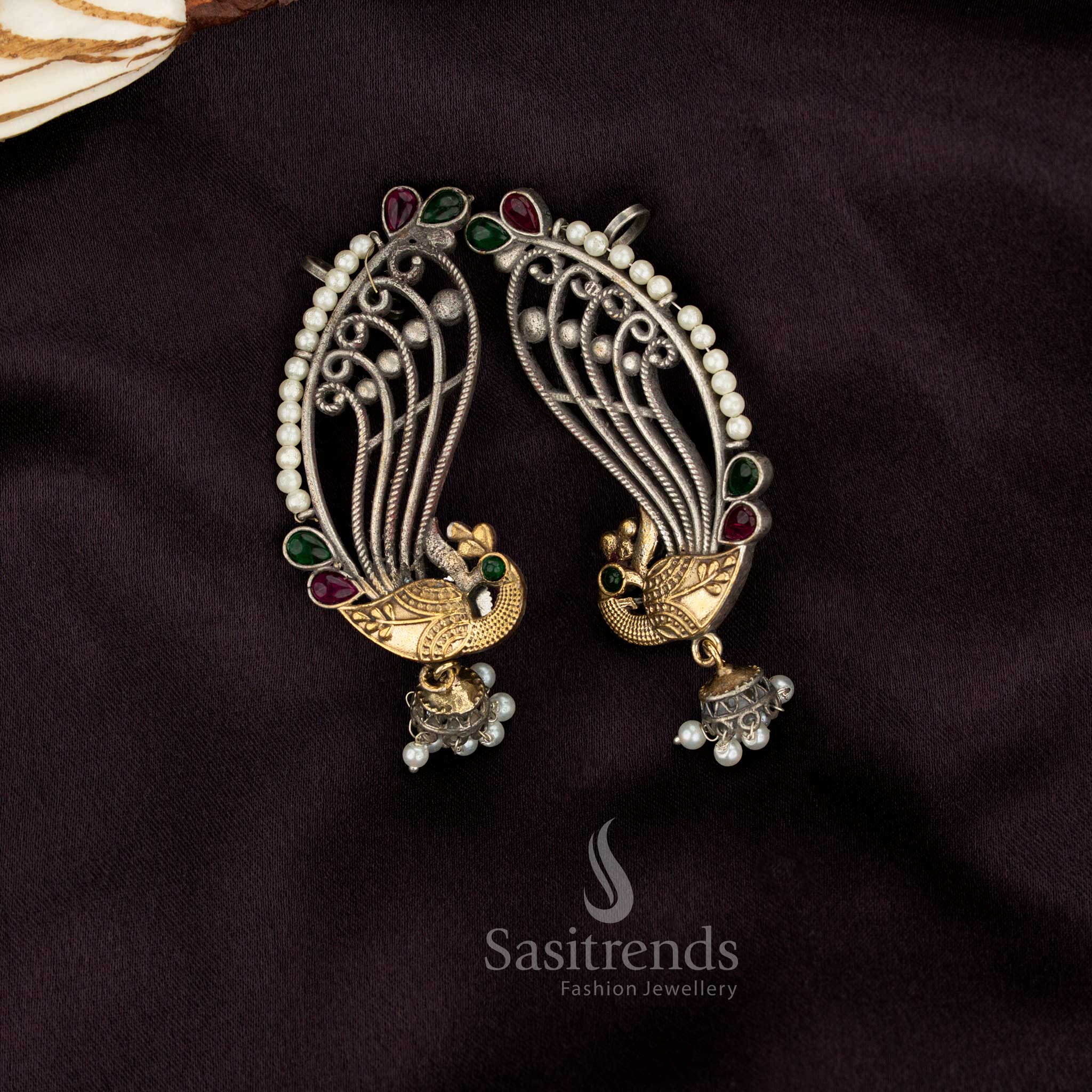 Antique oxidised dual-tone peacock stone ear cuff dangler earrings – Sasitrends