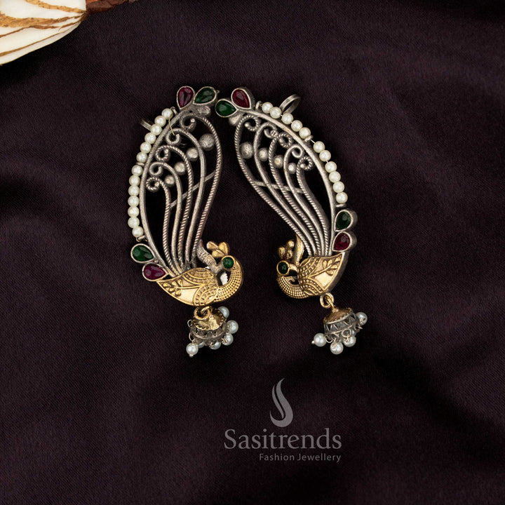 Antique oxidised dual-tone peacock stone ear cuff dangler earrings – Sasitrends