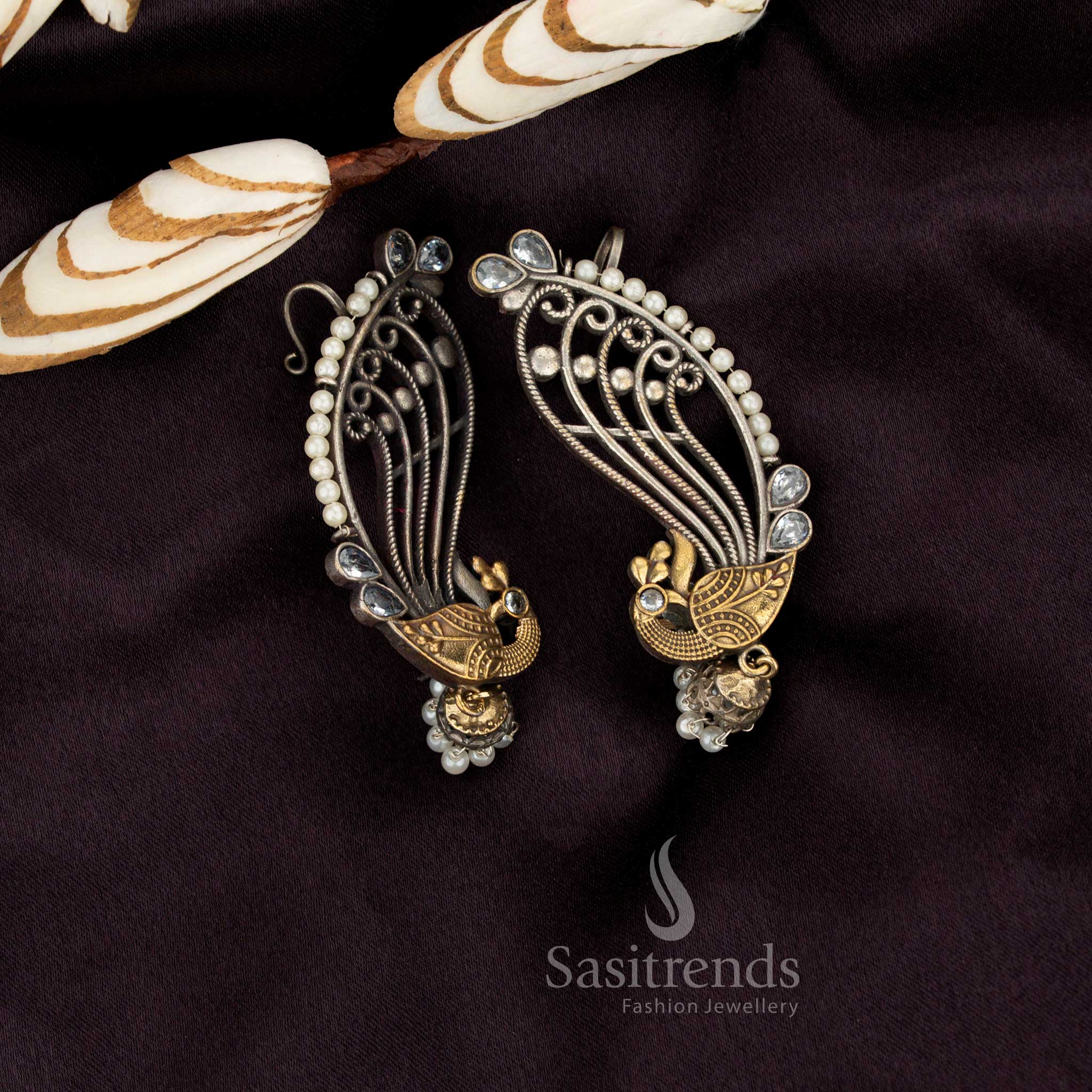 Antique oxidised dual-tone peacock stone ear cuff dangler earrings – Sasitrends