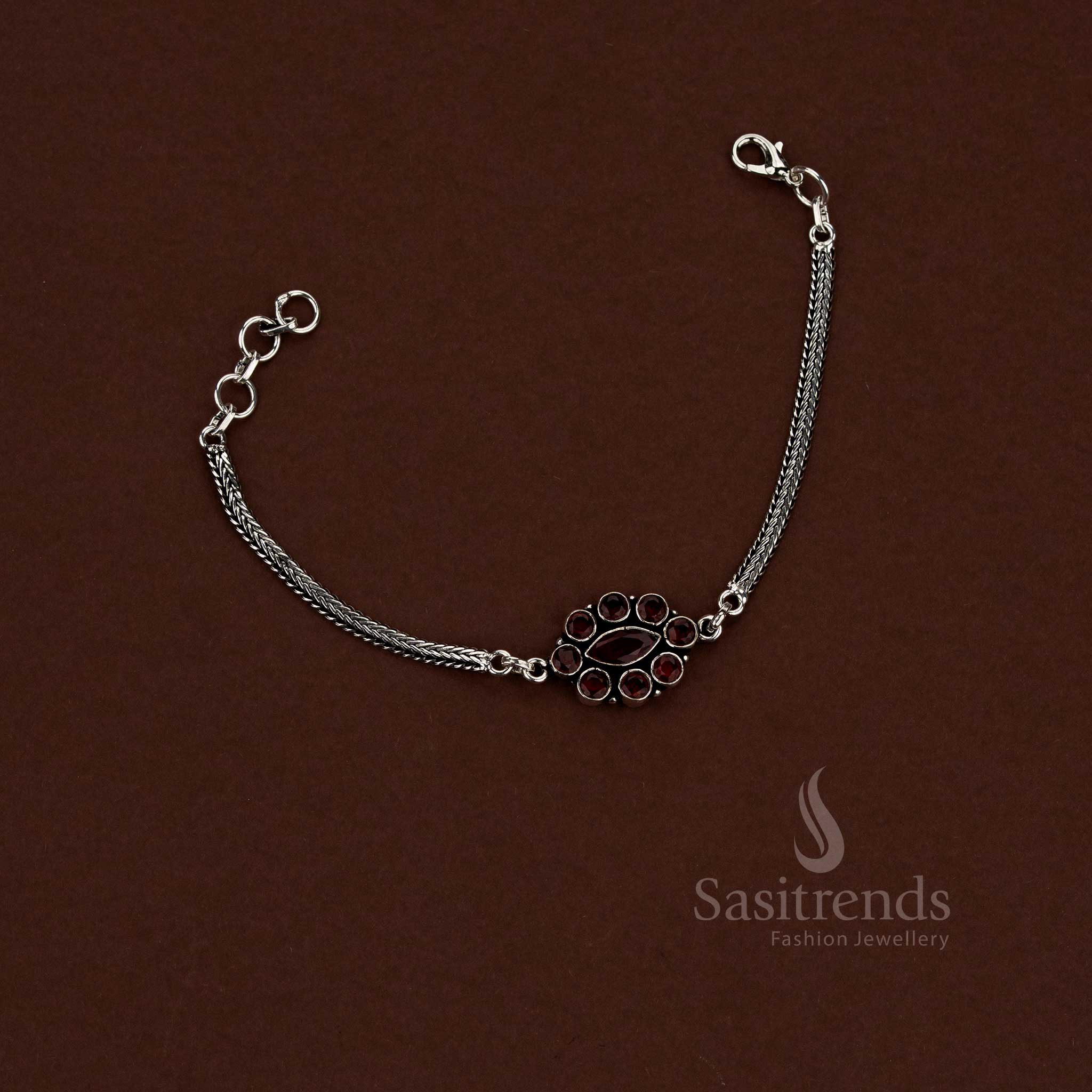Contemporary oxidised floral medallion chain AD stone bracelet for casual and office styling – Sasitrends