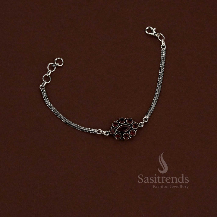 Contemporary oxidised floral medallion chain AD stone bracelet for casual and office styling – Sasitrends