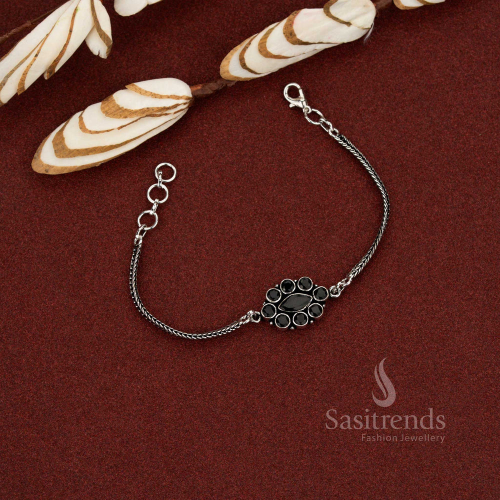 Gorgeous oxidised floral medallion chain black stone bracelet for casual and office styling – Sasitrends