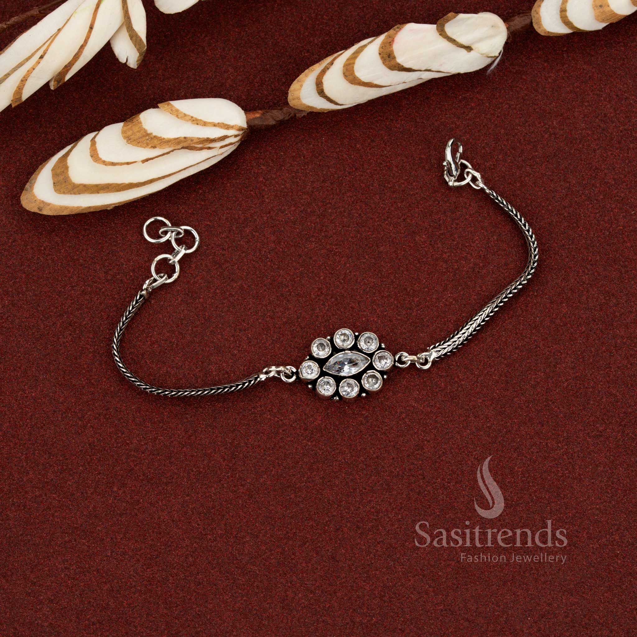 Contemporary oxidised floral medallion chain white stone bracelet for casual and office styling – Sasitrends