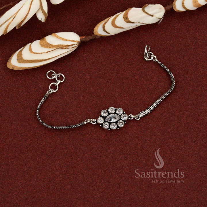 Contemporary oxidised floral medallion chain white stone bracelet for casual and office styling – Sasitrends