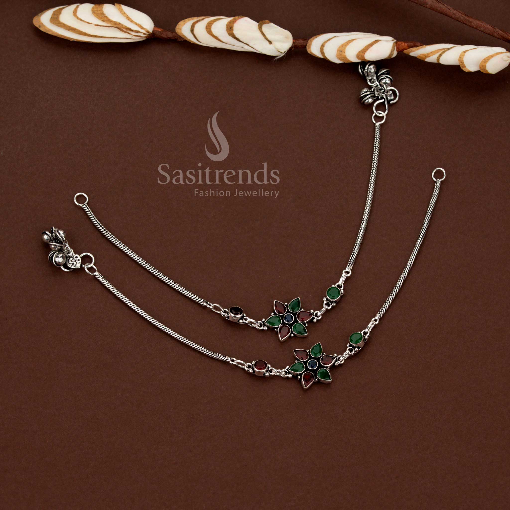 Oxidised floral motif chain AD anklets for casual and daily wear – Sasitrends