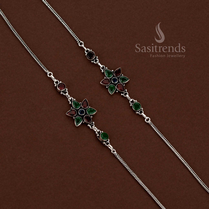 Oxidised floral motif chain AD anklets for casual and daily wear – Sasitrends